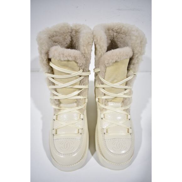 Chanel 21K Ivory Velvet Shearling Fur Brave CC Lace Up Tie Ankle Tall Boots 36 - Picture 7 of 12